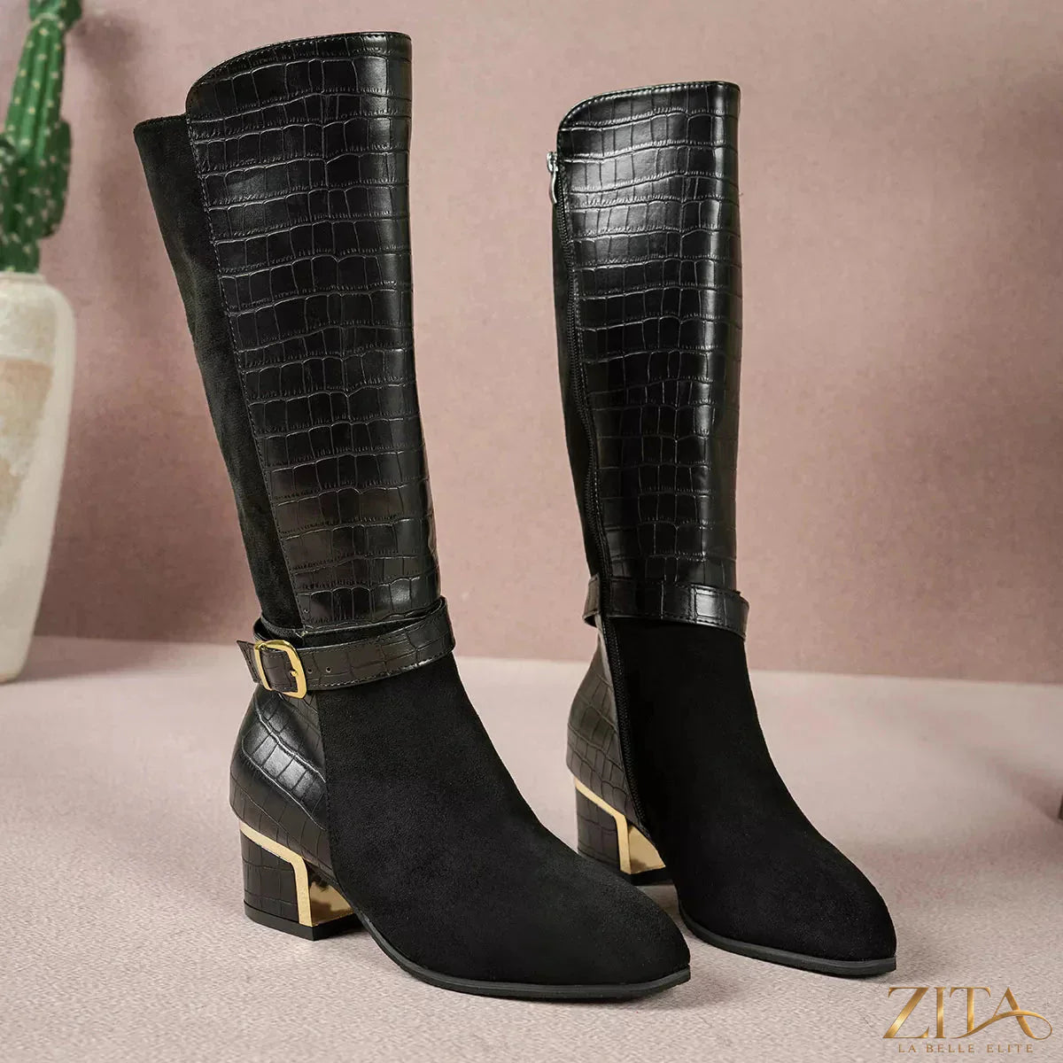 Zita La Belle Elite crocodile texture knee-high boots featuring a sleek design and pointed toe, showcasing the luxurious leather finish.
