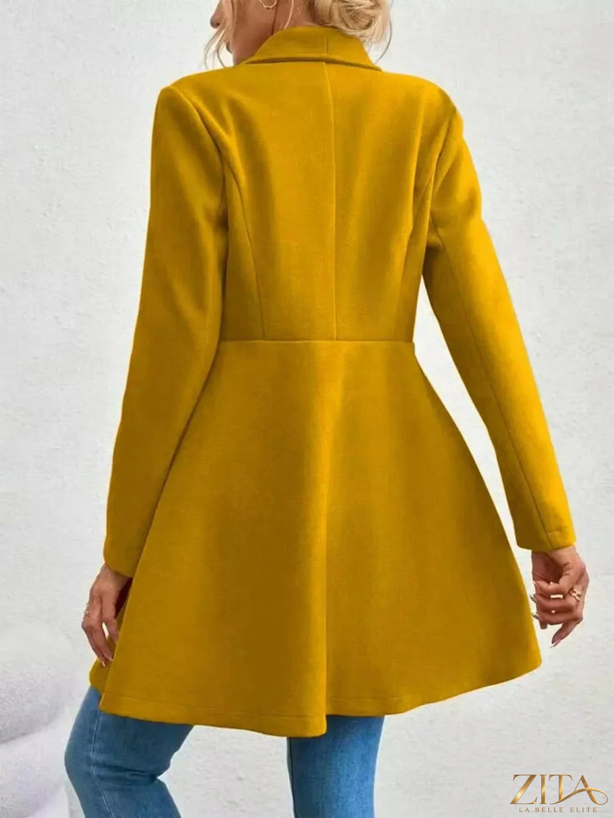 Zita La Belle Elite double-breasted wool blend coat on a hanger, showing classic design and tailored fit in neutral color.