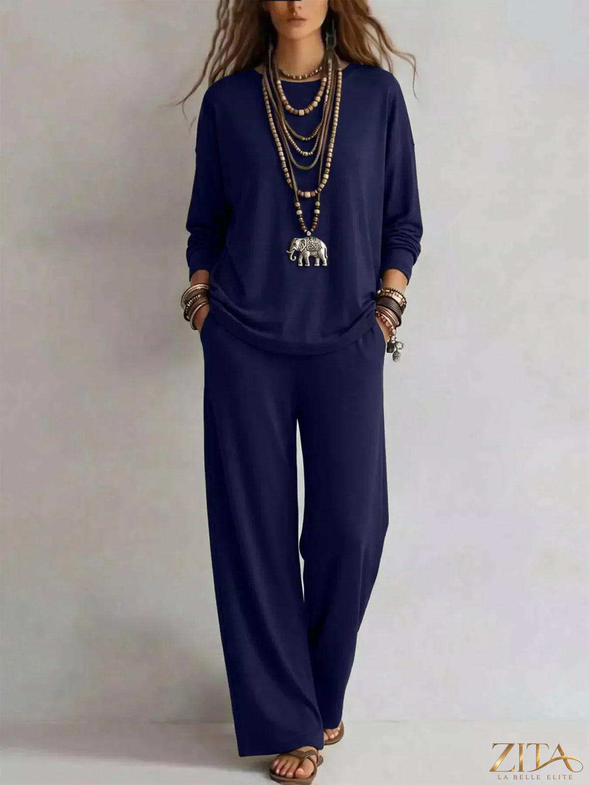 Zita La Belle Elite round neck t-shirt and wide-leg pants set, beige fabric, casual stylish ensemble, front view.
