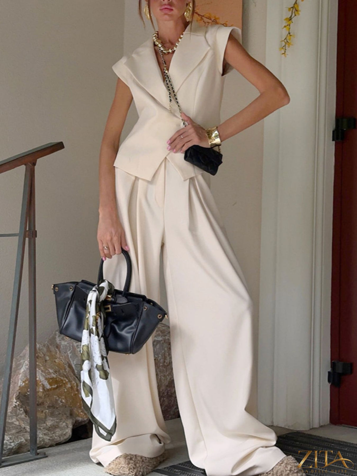 Zita La Belle Elite one button blazer and wide-leg pants set, tailored black suit with sleek fit and stylish lapel details.