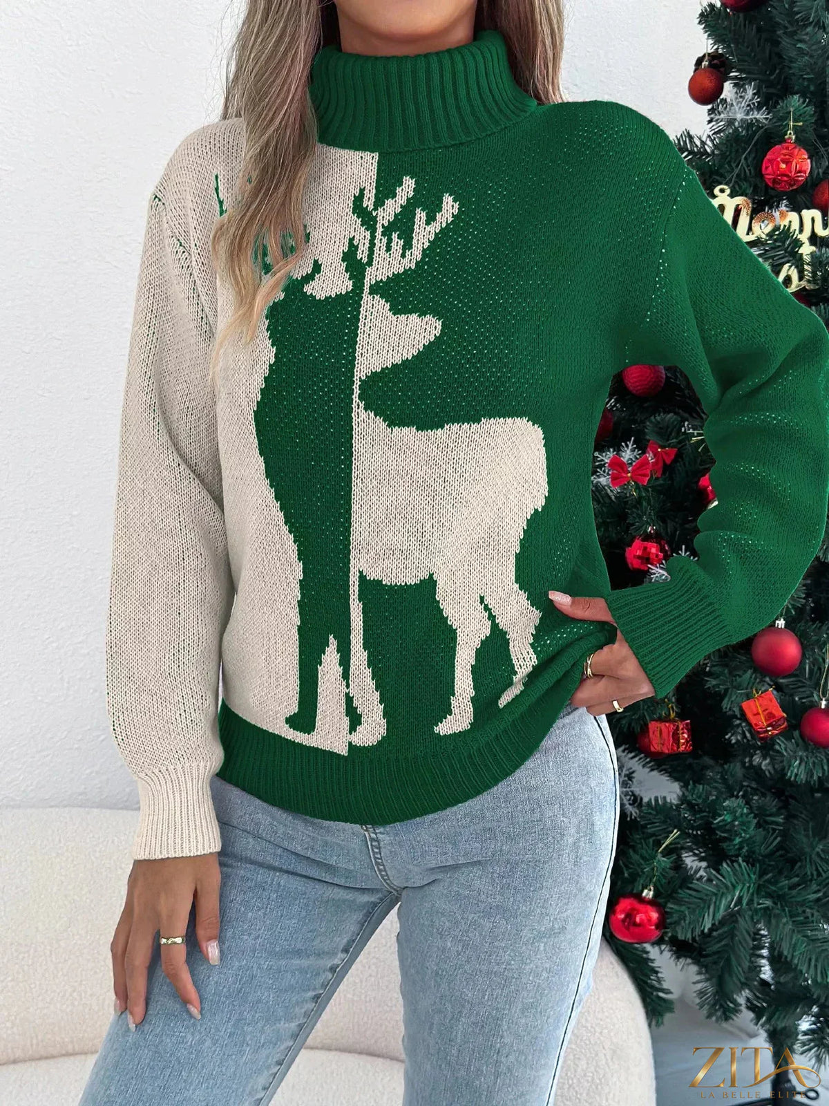 Red Christmas Reindeer turtleneck sweater by Trendsi featuring festive reindeer design on cozy knit fabric.