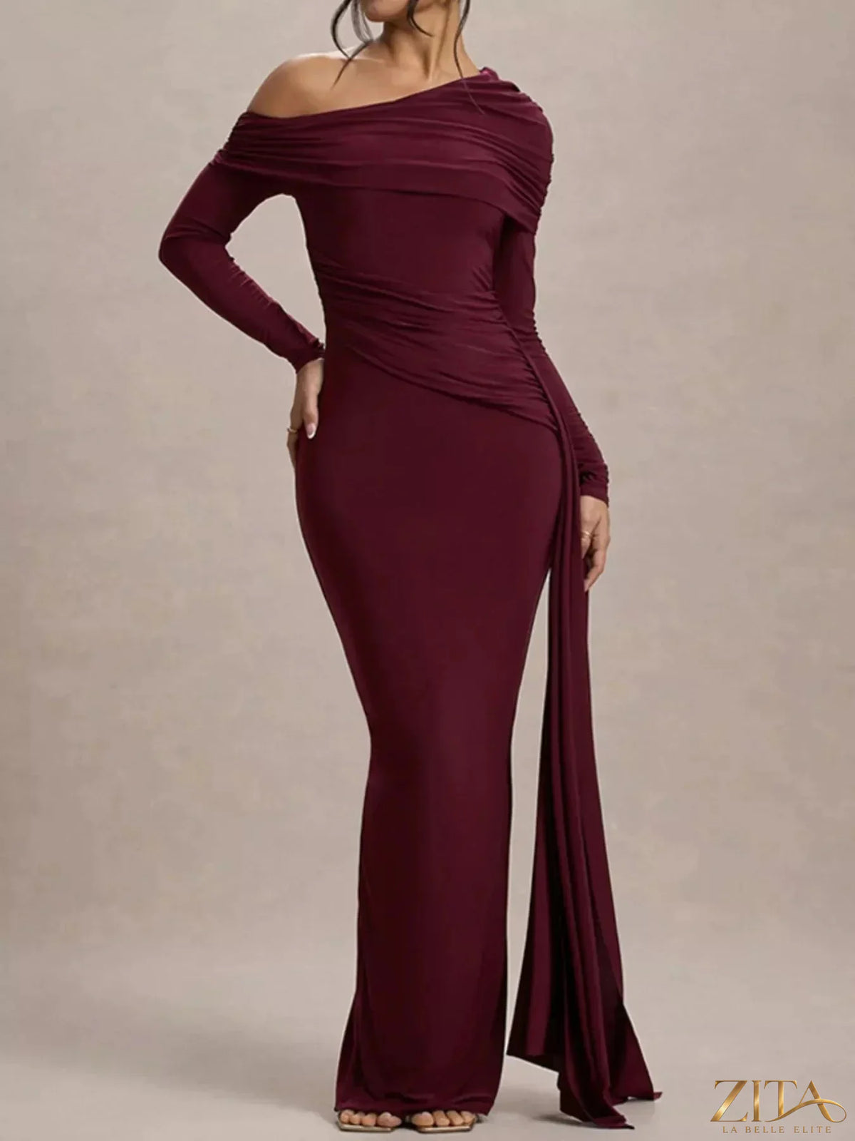 Zita La Belle Elite one-shoulder ruched maxi dress in elegant fabric, showcasing a flowing design and stylish asymmetrical shoulder.