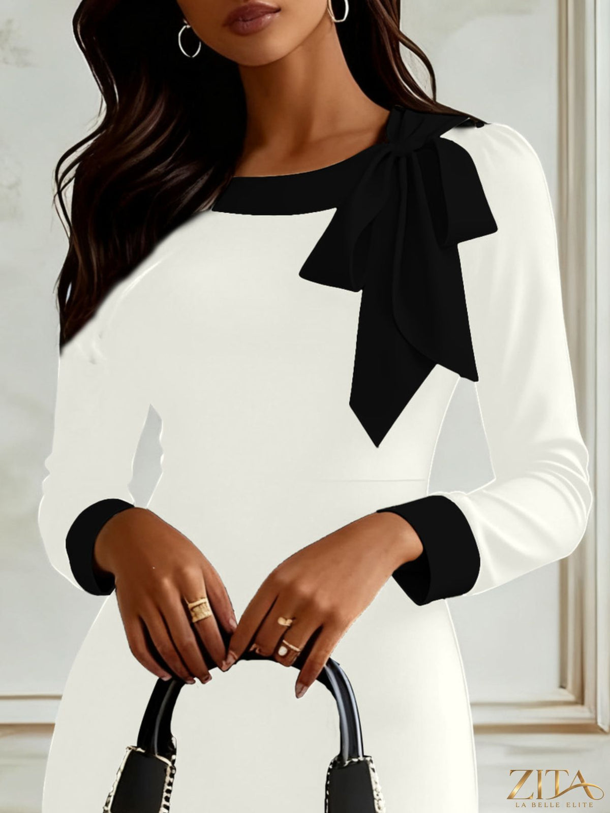 Zita La Belle Elite bowknot contrast trim long sleeve dress with a fitted silhouette and stylish design, shown on a model.