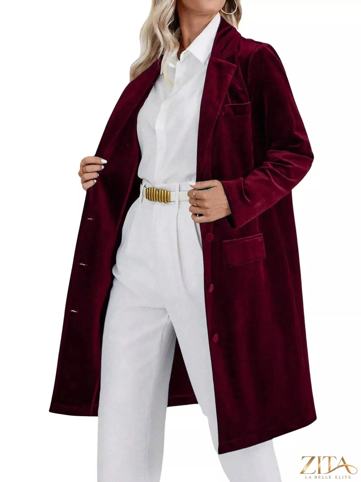Zita La Belle Elite longline coat with lapel collar, long sleeves, and tailored fit, shown in a stylish outerwear image