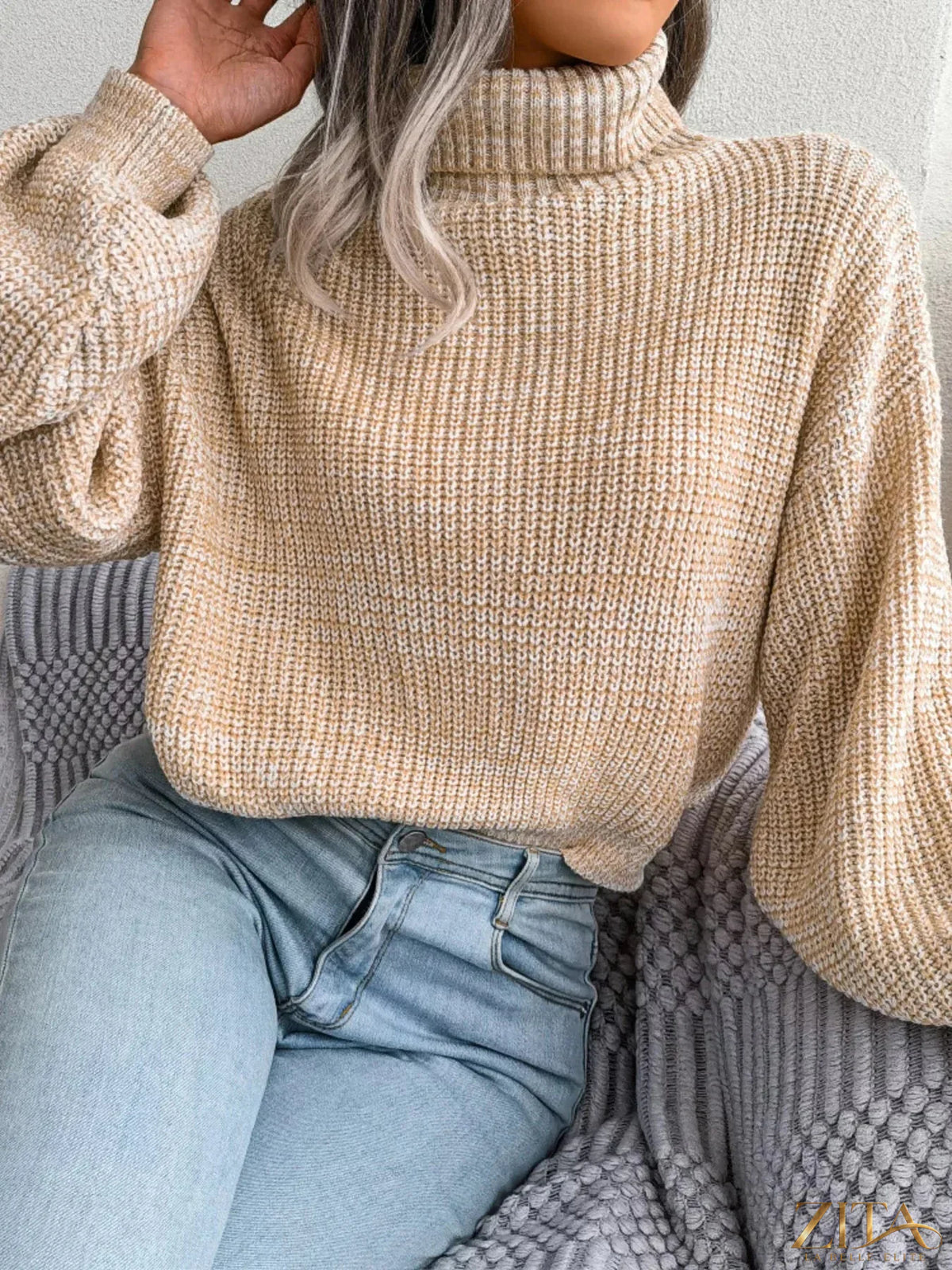 Gray turtleneck dropped shoulder sweater by Trendsi, featuring a cozy knit design and relaxed fit, ideal for casual wear.