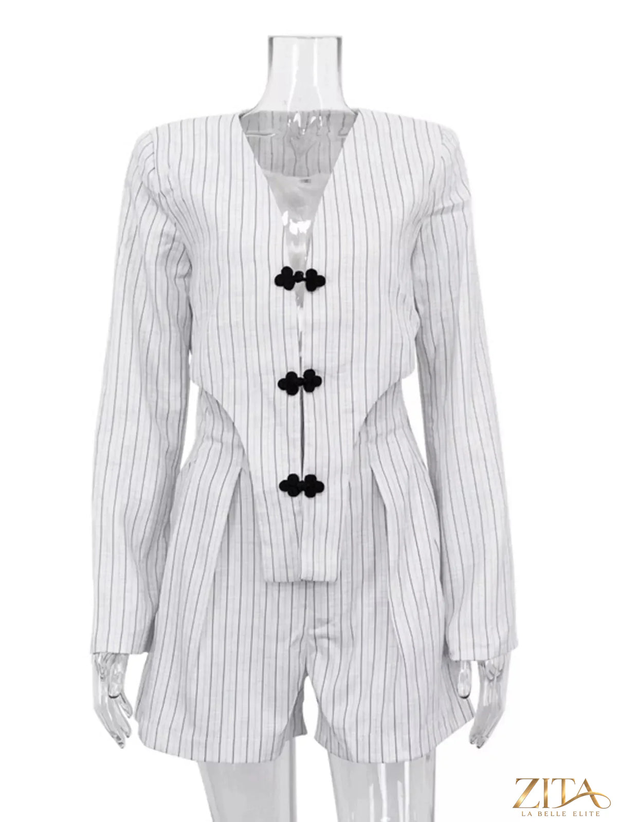 Zita La Belle Elite pinstripe cropped blazer and pleated shorts set, stylish business casual outfit, front view.