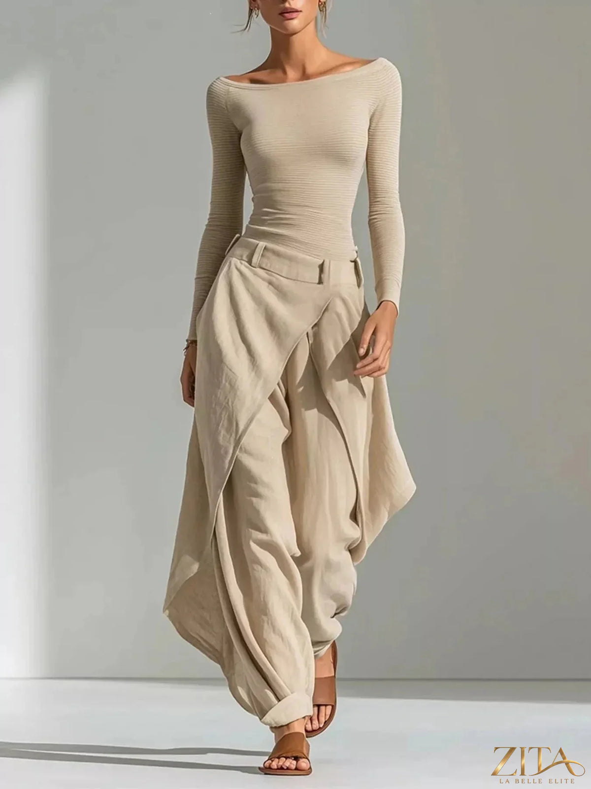 Zita La Belle Elite boat neck long sleeve top with wrap-front wide-leg pants set, stylish and comfortable women's fashion ensemble