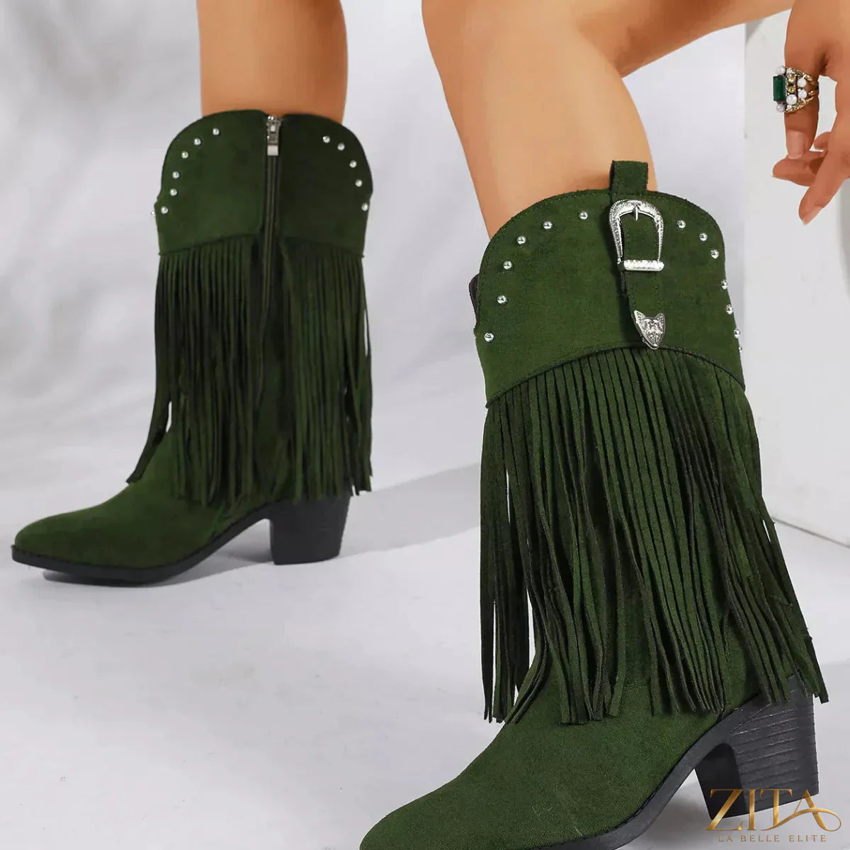 Zita La Belle Elite fringe round toe block heel boots with stylish design and ankle-height silhouette.