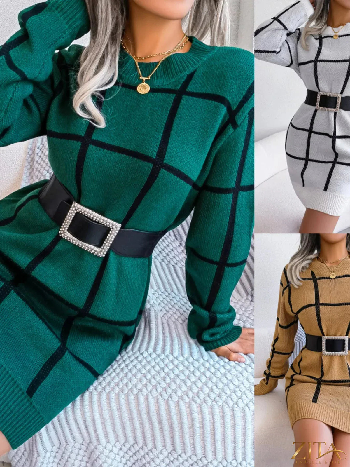 Zita La Belle Elite plaid pattern long sleeve sweater dress with a fitted silhouette and classic design, suitable for casual wear.