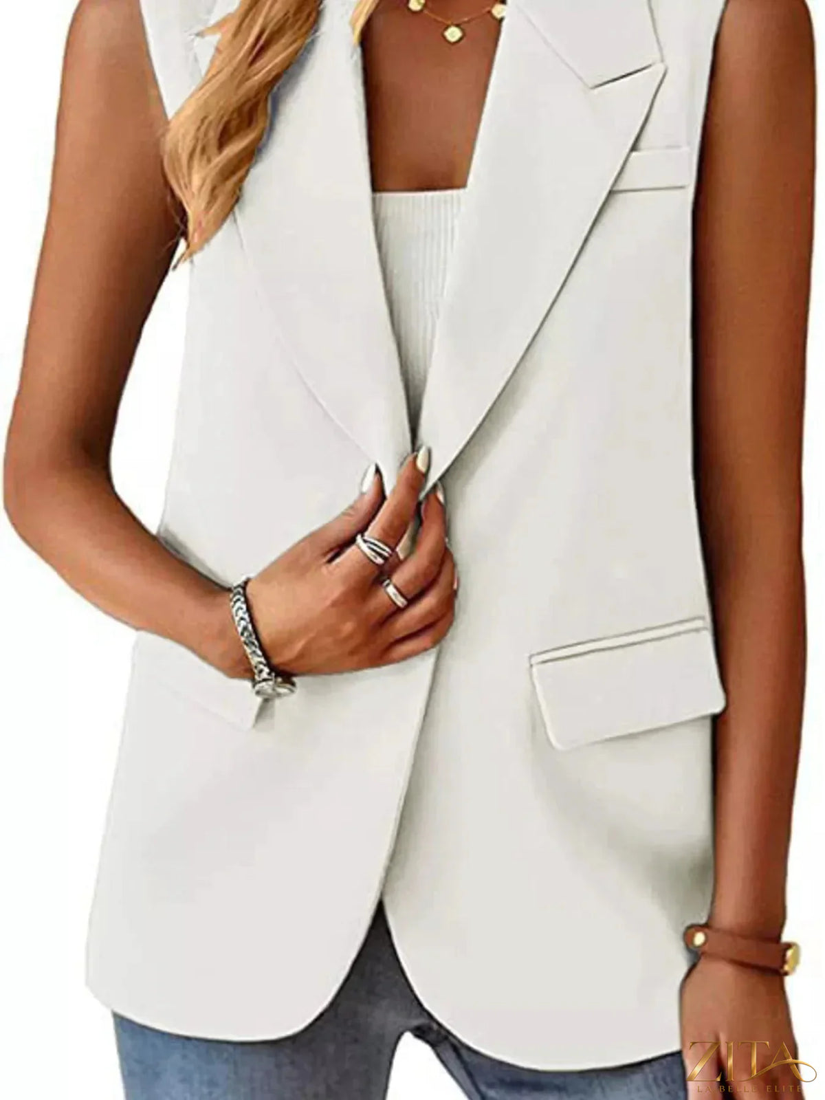 Plus size Zita La Belle Elite full size vest coat with lapel collar and one button closure, shown on a mannequin.