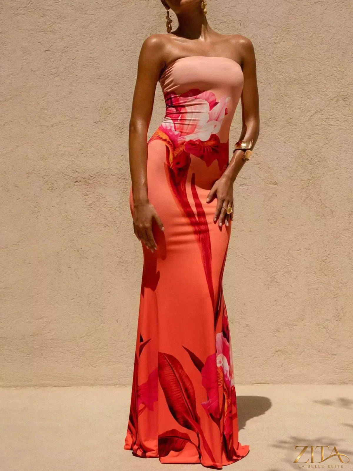 Zita La Belle Elite tube bodycon maxi dress in black, fitted style, sleeveless with a high neckline, full-length evening gown.