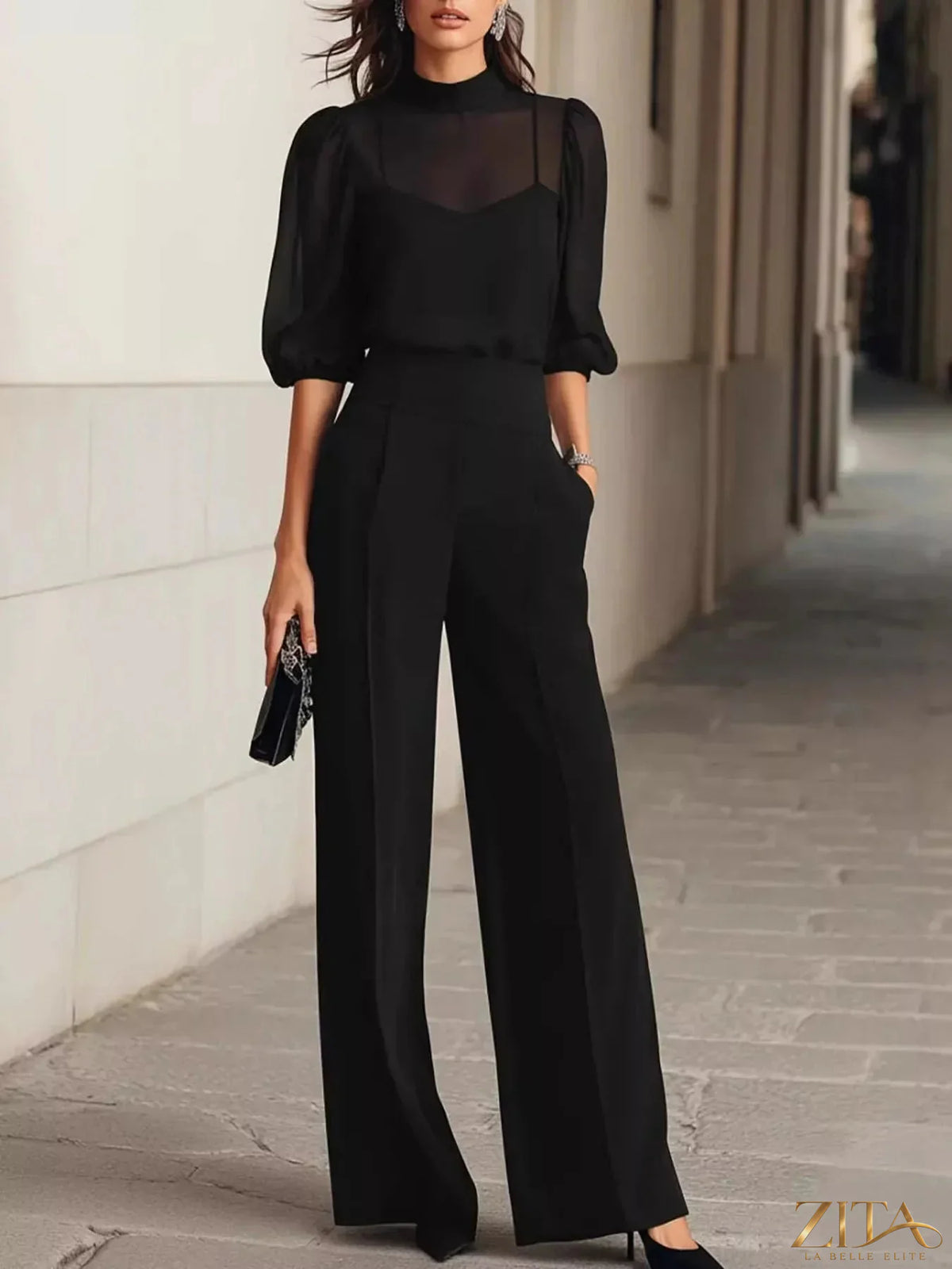 Zita La Belle Elite mock neck puff sleeve top paired with wide leg pants, stylish women's fashion set, front view.