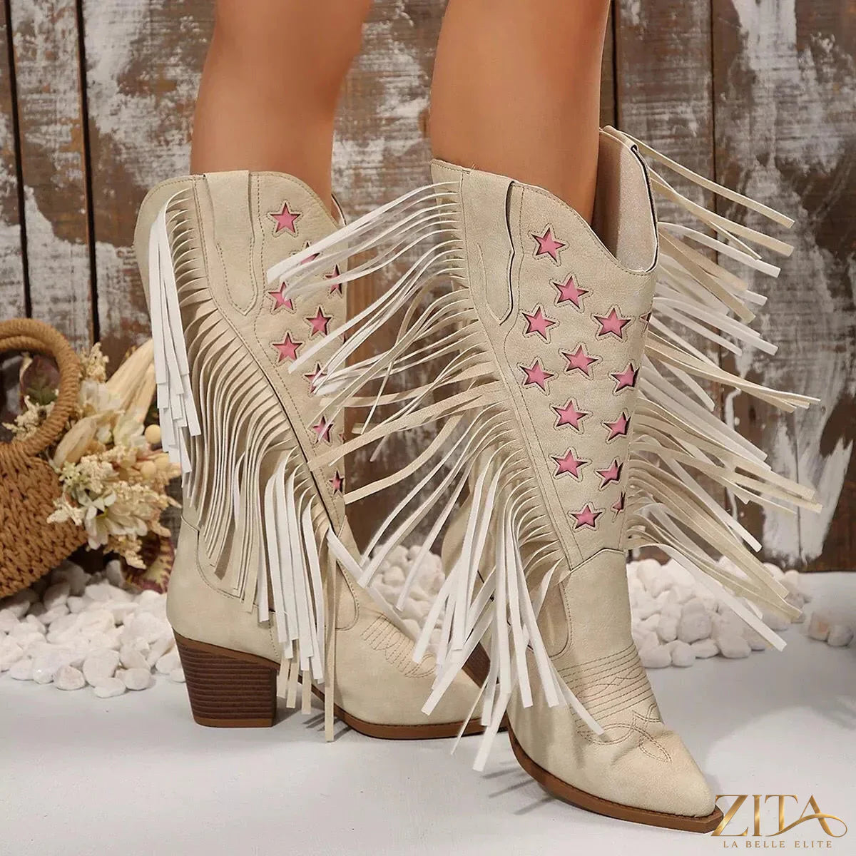Zita La Belle Elite star fringe block heel boots with ankle-length design and decorative star fringe details.