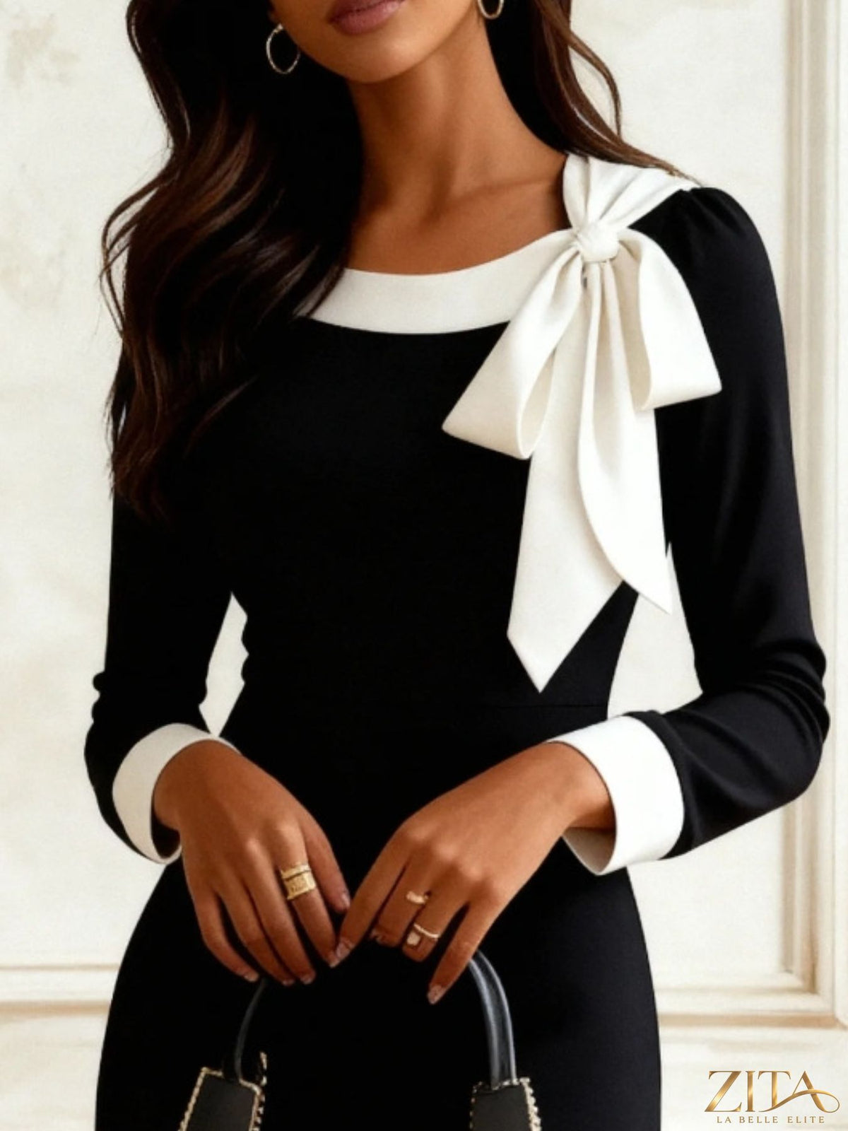 Zita La Belle Elite long sleeve dress with bowknot contrast trim, elegant design, and soft fabric, perfect for stylish occasions.