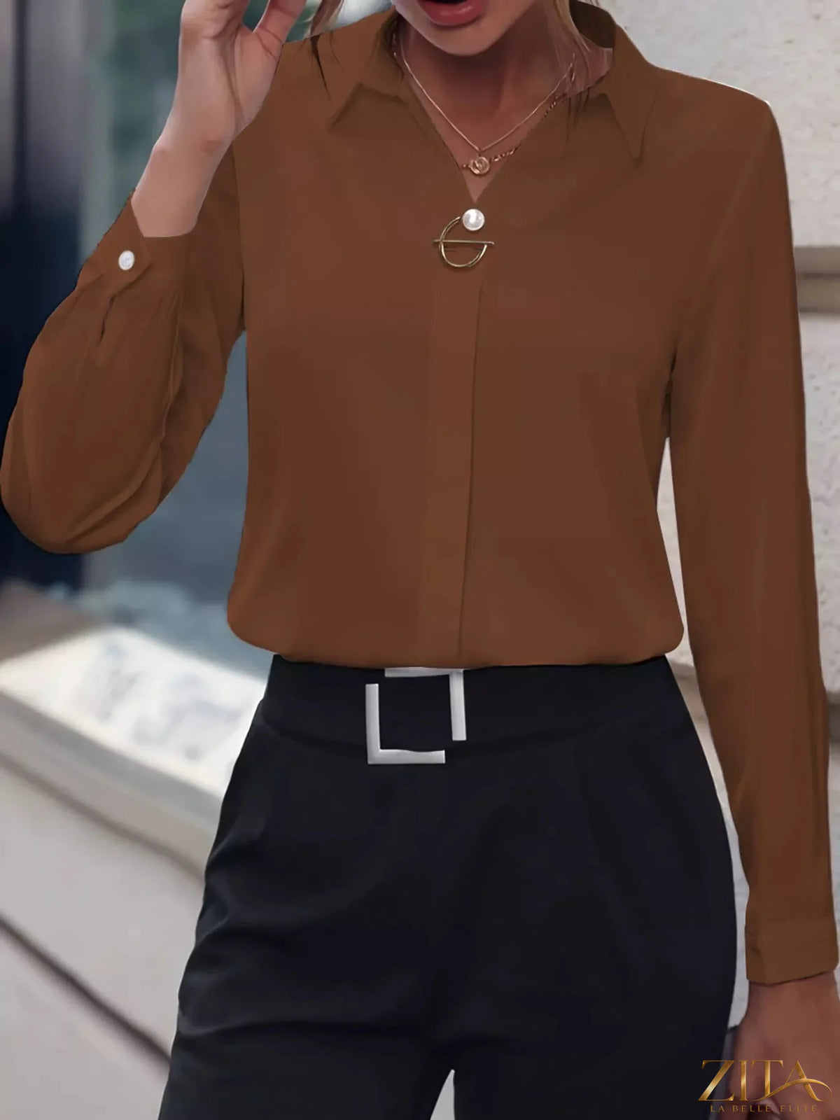Zita La Belle Elite long sleeve satin blouse in soft, shiny fabric with a classic collar and button-front design.