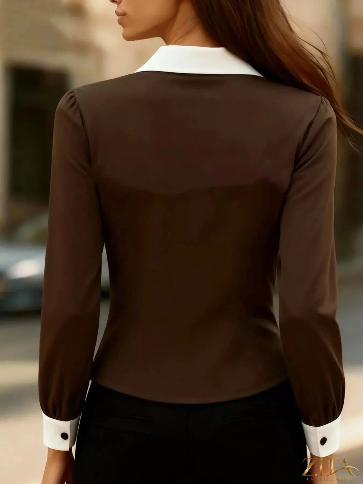 Zita La Belle Elite contrast button-down shirt featuring a classic collar, long sleeves, and a stylish color-block design.