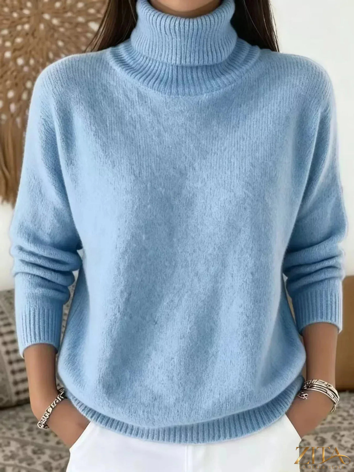 Navy blue turtleneck long sleeve sweater by Trendsi, close-up view showing soft knit fabric and fitted style.