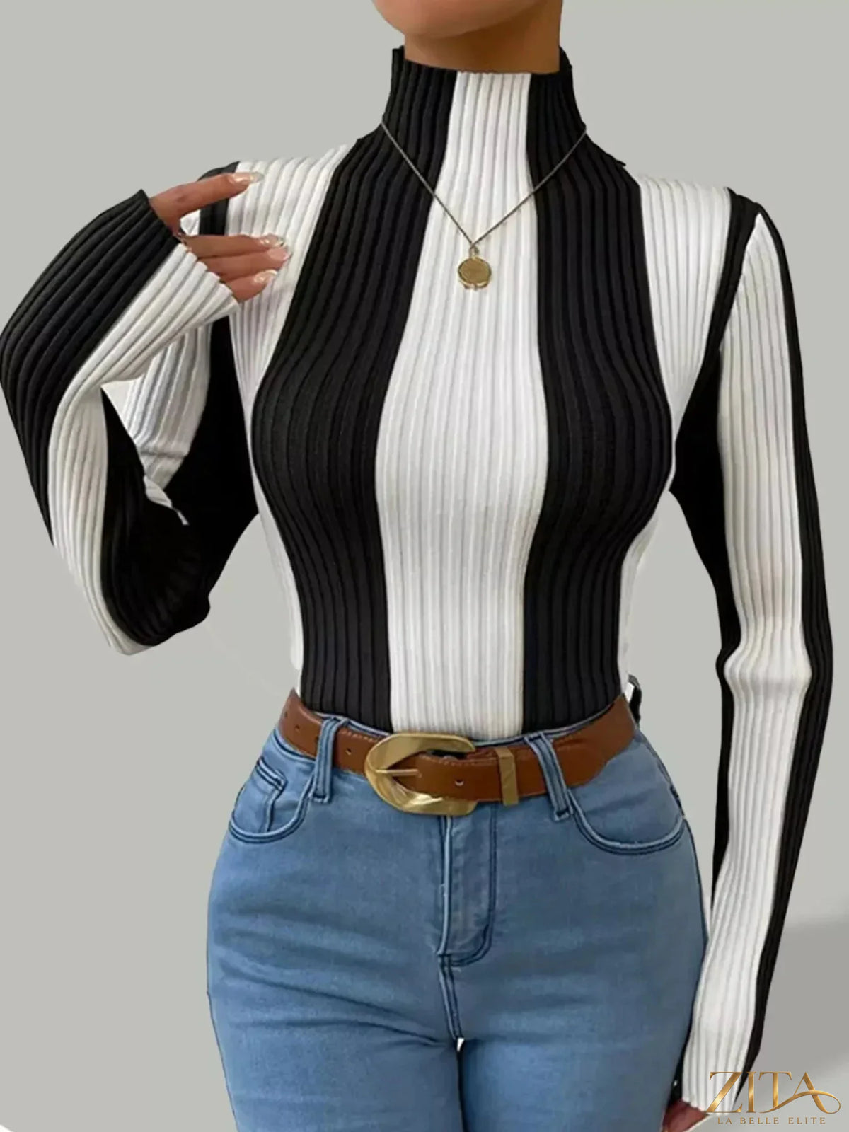 Color block turtleneck ribbed knit top from Trendsi featuring a fitted design with bold color blocking and ribbed texture.