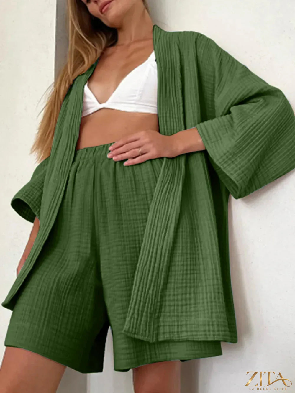 Zita La Belle Elite textured dropped shoulder cardigan and shorts set, featuring a cozy knit fabric and relaxed fit.