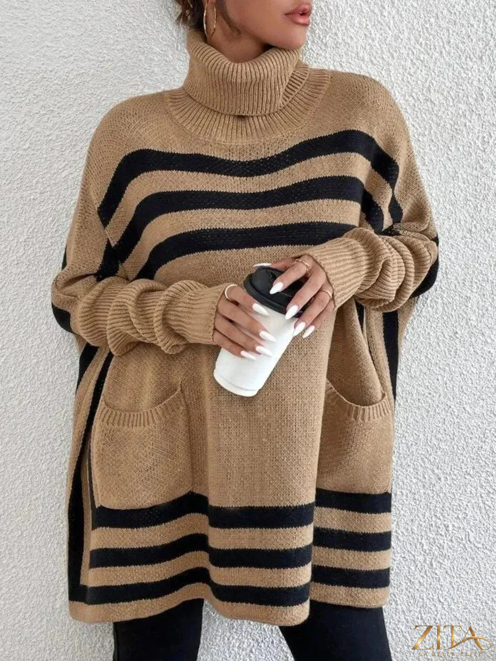 Striped turtleneck batwing sleeve sweater with pockets, trendy long-sleeve knit top by Trendsi, casual and stylish for fall fashion.