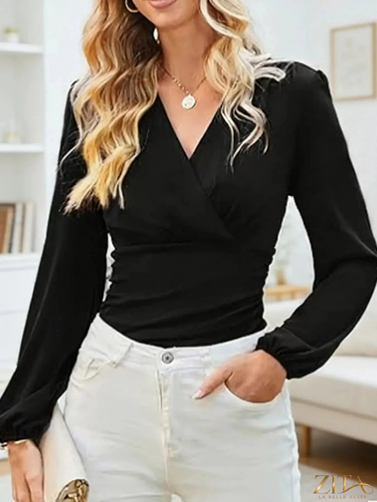 Zita La Belle Elite long sleeve ruched blouse in soft fabric, featuring gathered details and a stylish fit.