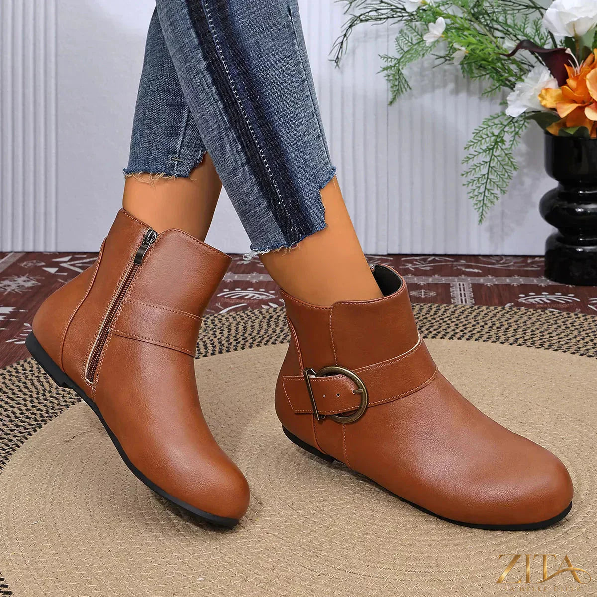Trendsi round toe ankle boots in black leather with low block heel and side zipper, stylish footwear for casual or chic outfits.