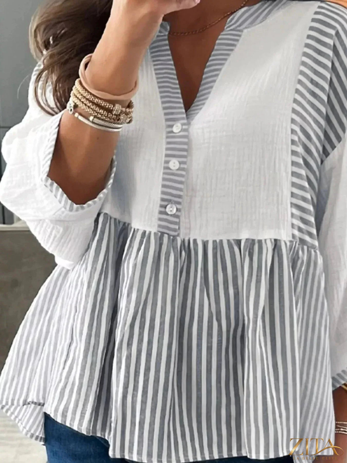 Zita La Belle Elite striped button detail blouse with long sleeves and classic collar, featuring a stylish striped pattern.