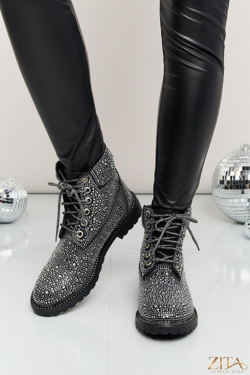 Zita La Belle Elite Forever Link rhinestone lace-up combat boots with chunky soles and decorative rhinestone details.