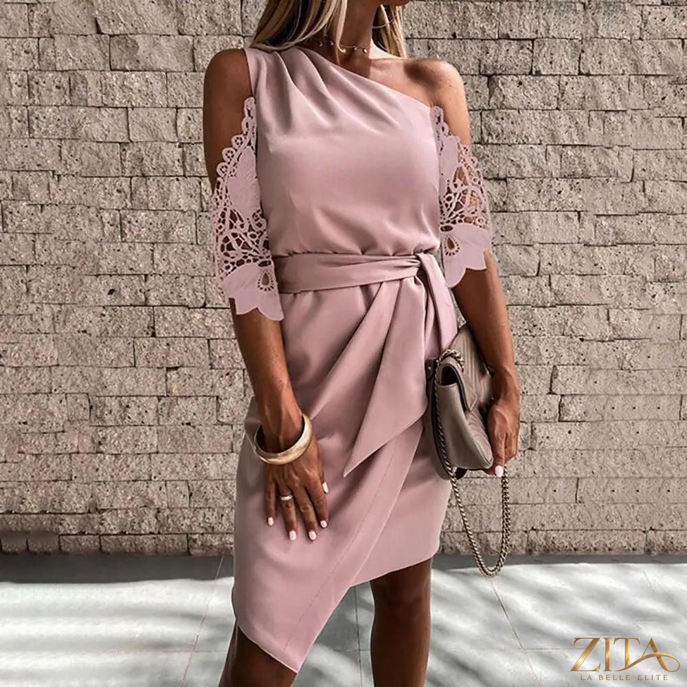 Zita La Belle Elite strapless lace cutout summer dress, solid design with hollow lace details, perfect for warm-weather occasions.