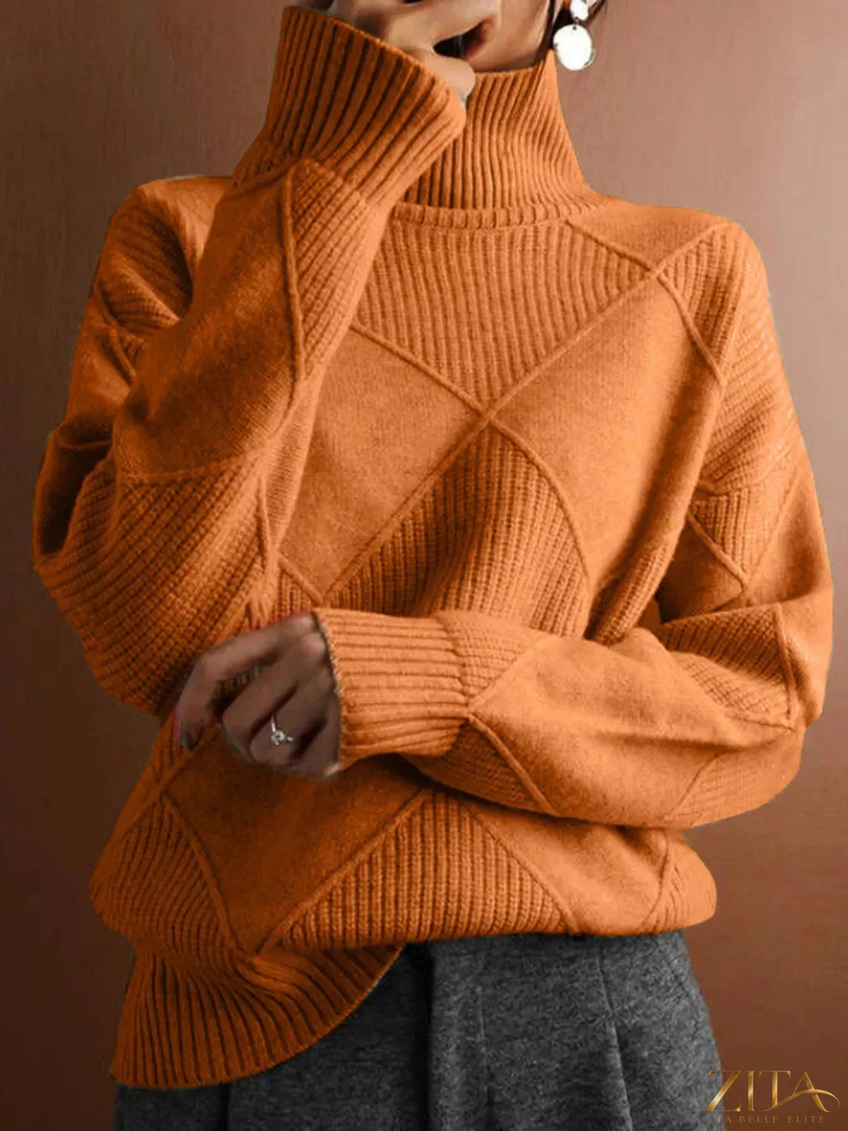 Zita La Belle Elite argyle pattern turtleneck sweater with classic diamond design in cozy knit fabric.