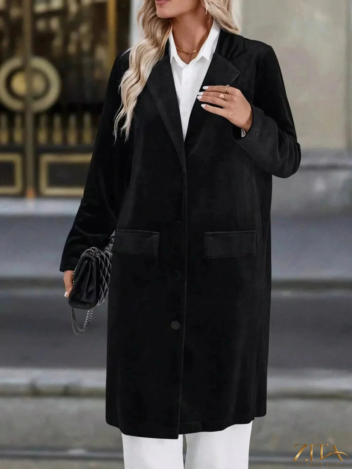 Zita La Belle Elite longline coat with lapel collar and long sleeves, stylish outerwear for women.