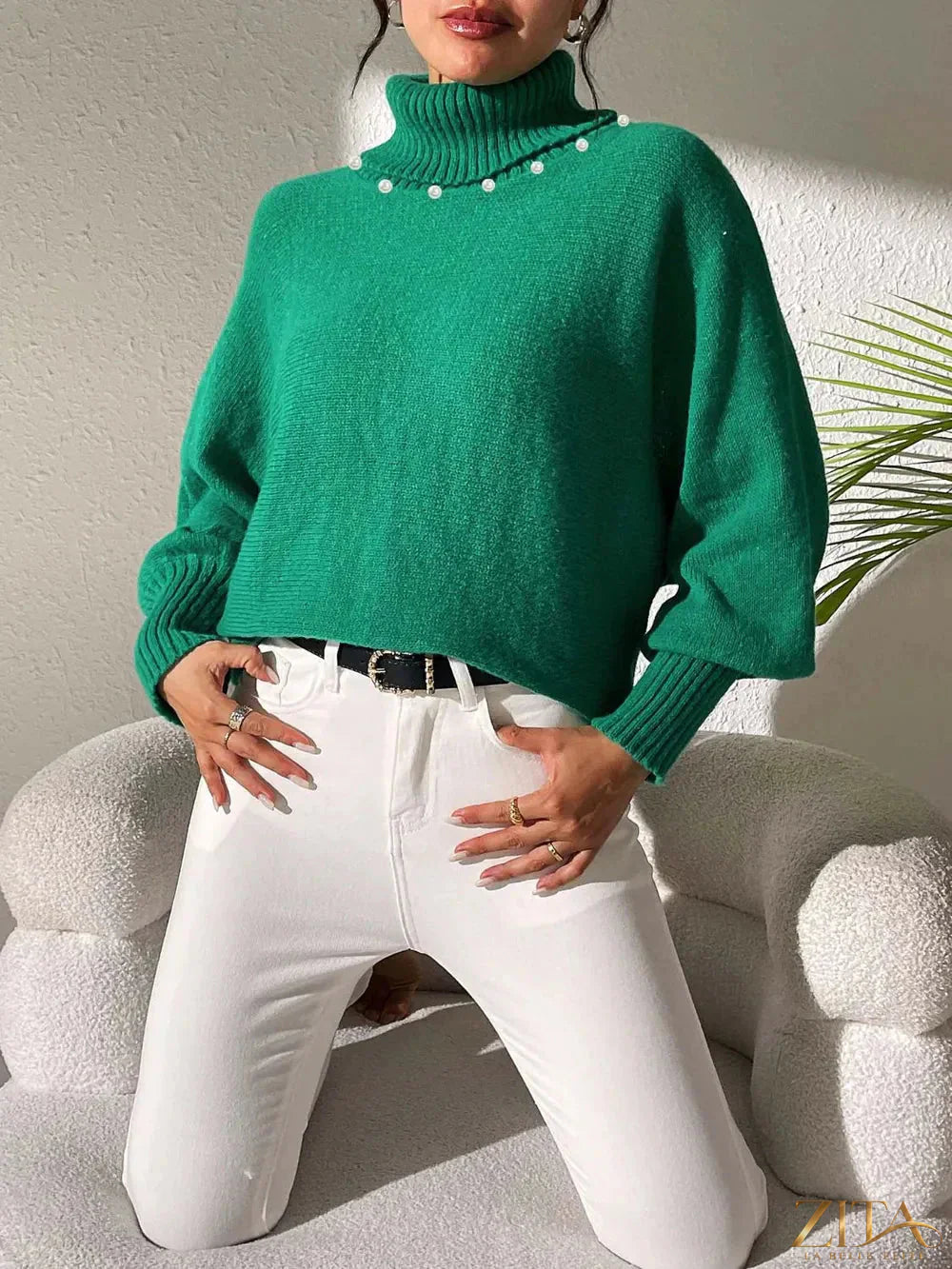 Zita La Belle Elite long sleeve turtleneck sweater, soft knit fabric, fitted style in a neutral color, close-up of the sweater's neckline