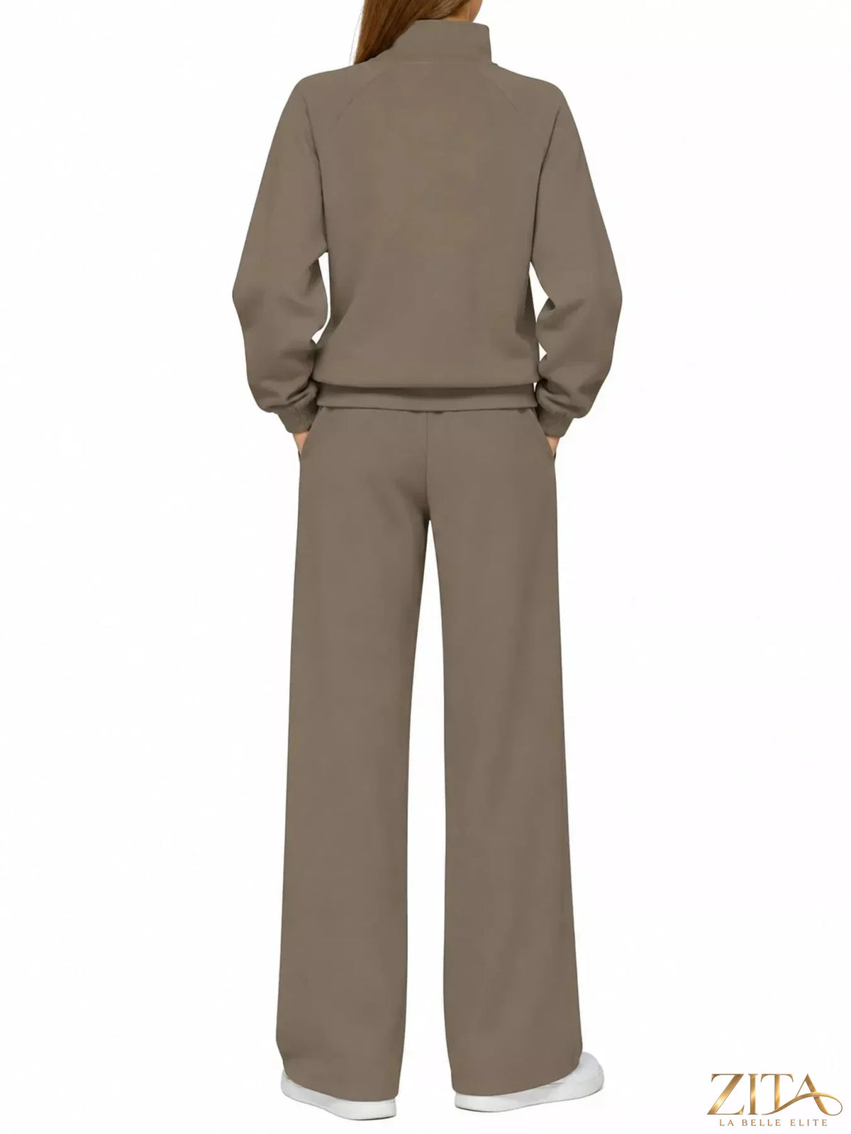 Zita La Belle Elite half-zip sweatshirt with matching wide-leg pants set, casual loungewear in soft fabric, front view.