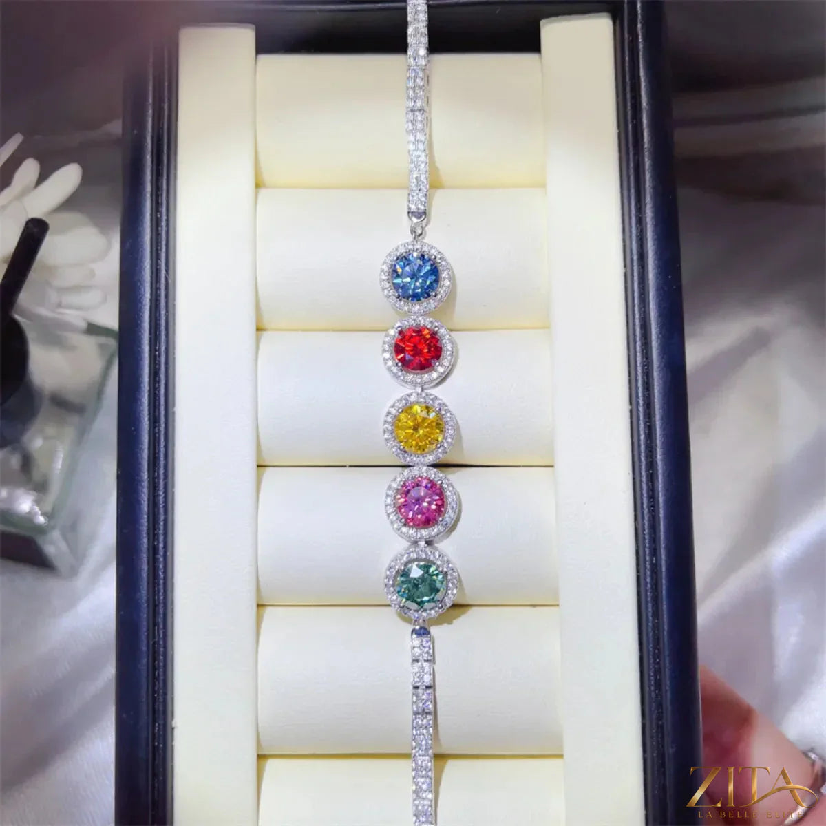 Sterling silver moissanite bracelet with 5-carat sparkling stones, showcasing elegant design and intricate craftsmanship.