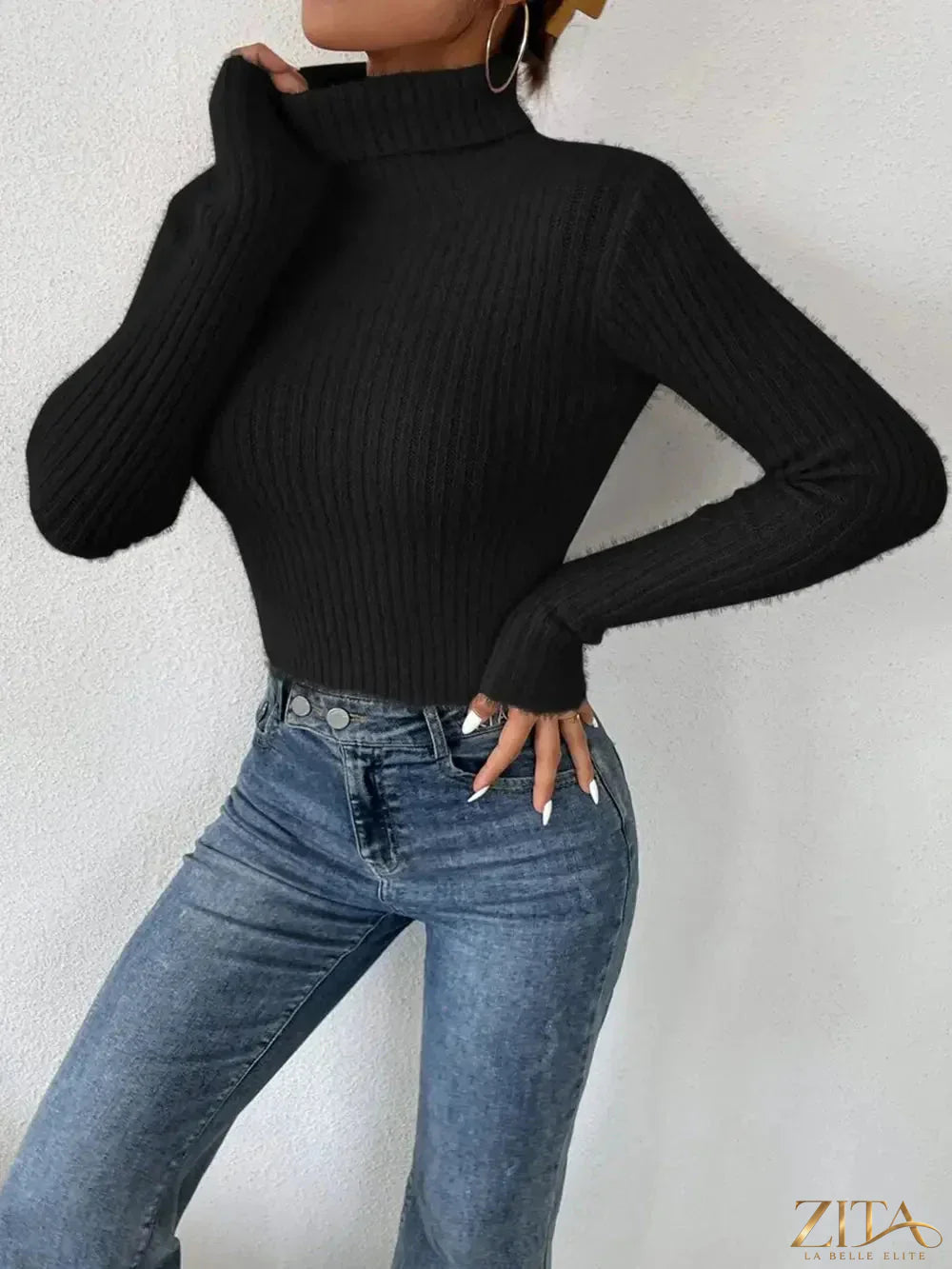 Ribbed turtleneck long sleeve sweater in neutral color, stylish and cozy, from Trendsi.