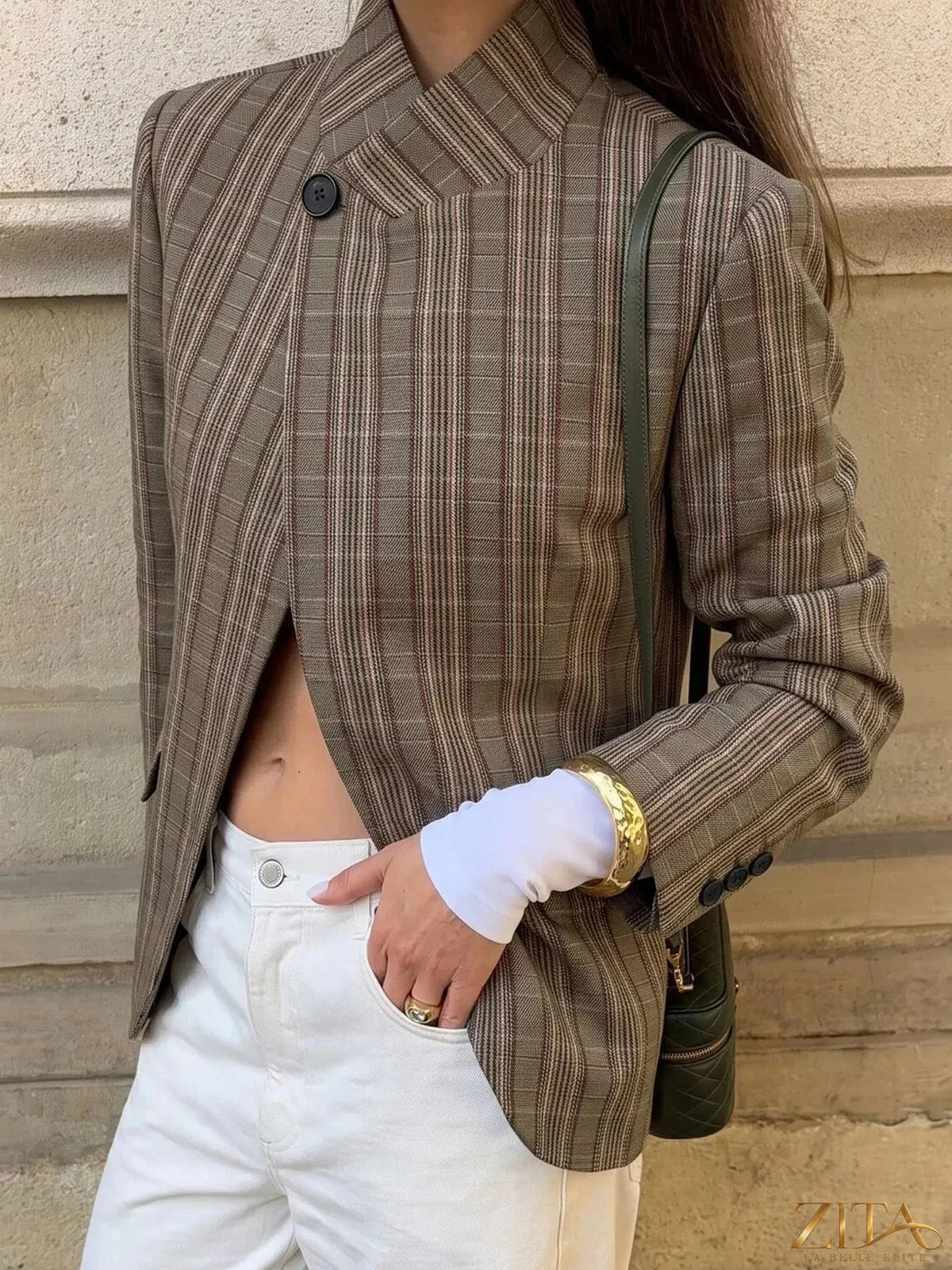 Zita La Belle Elite plaid single-button blazer with tailored fit, featuring a classic checkered pattern and lapel collar.