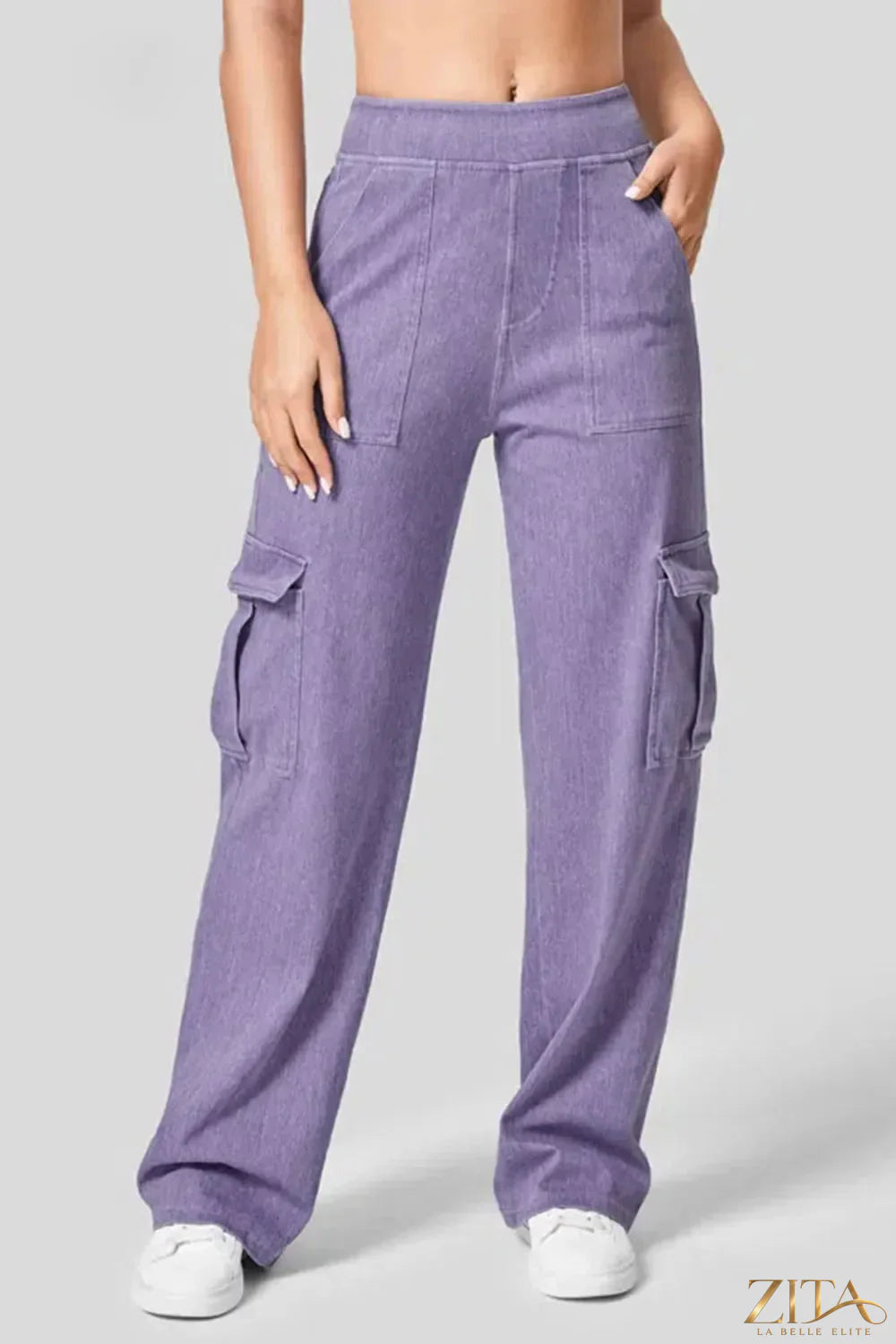High waist straight leg cargo jeans by Zita La Belle Elite, with multiple pockets and a classic denim design.