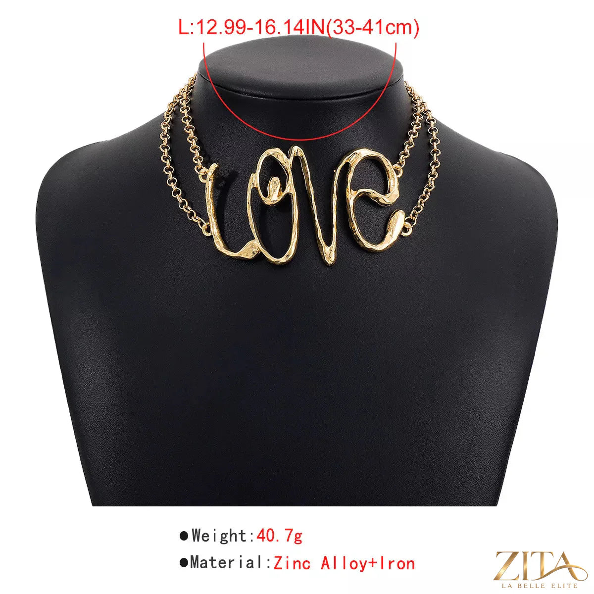 Gold wire love script statement necklace by Zita La Belle Elite featuring elegant handwritten-style lettering.