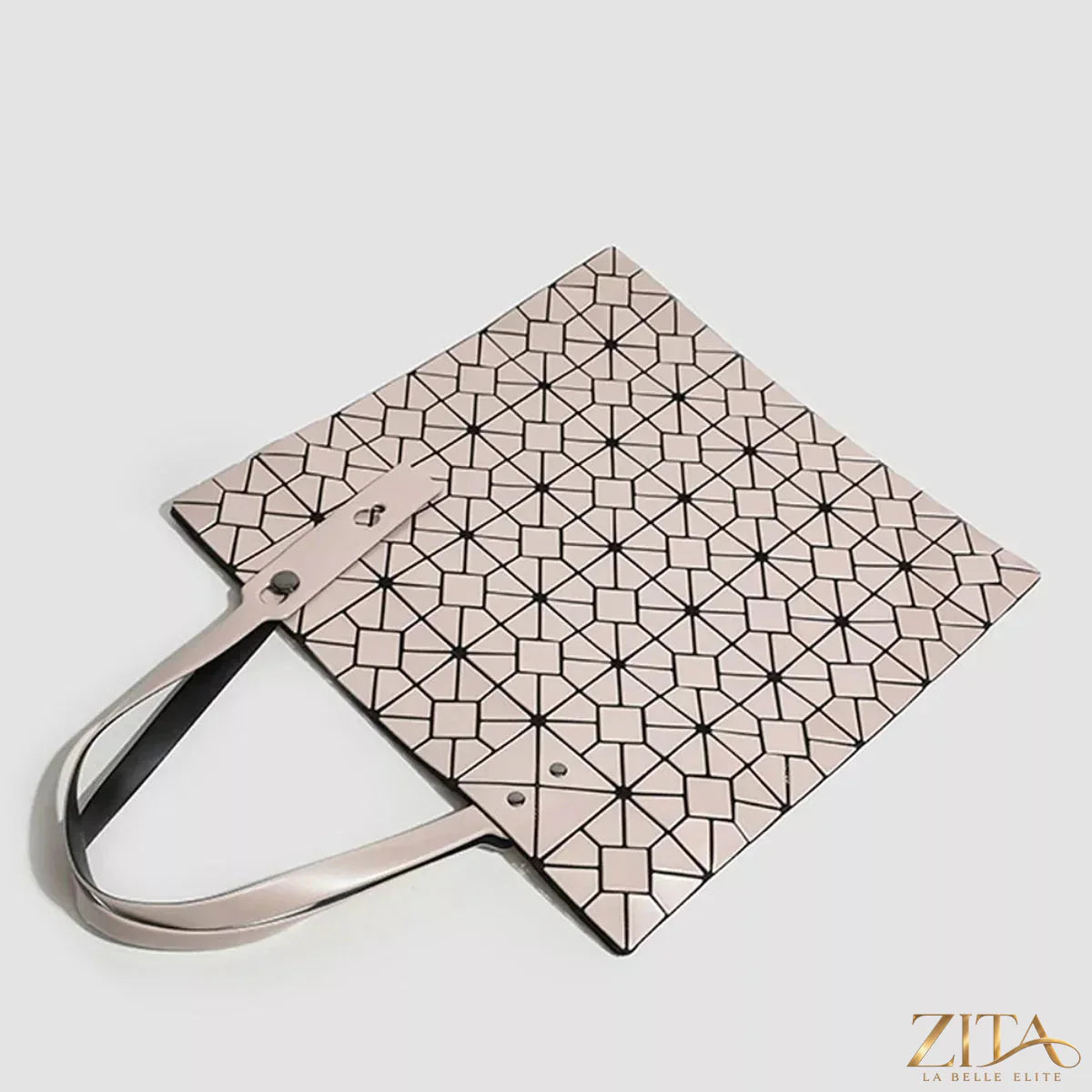 Zita La Belle Elite geometric lattice pattern handbag with structured design and top handles on white background.