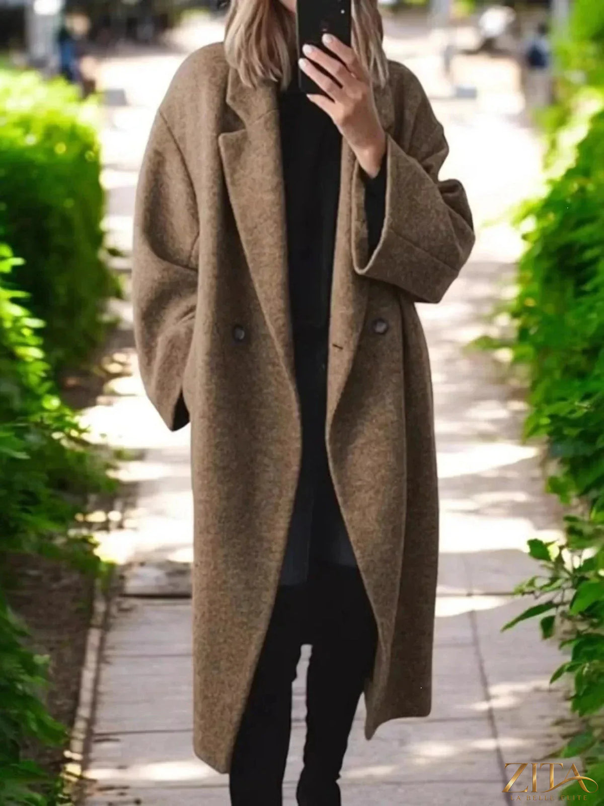 Plus size Zita La Belle Elite wool blend longline coat with lapel collar, featuring a full-size, stylish design and warm fabric.