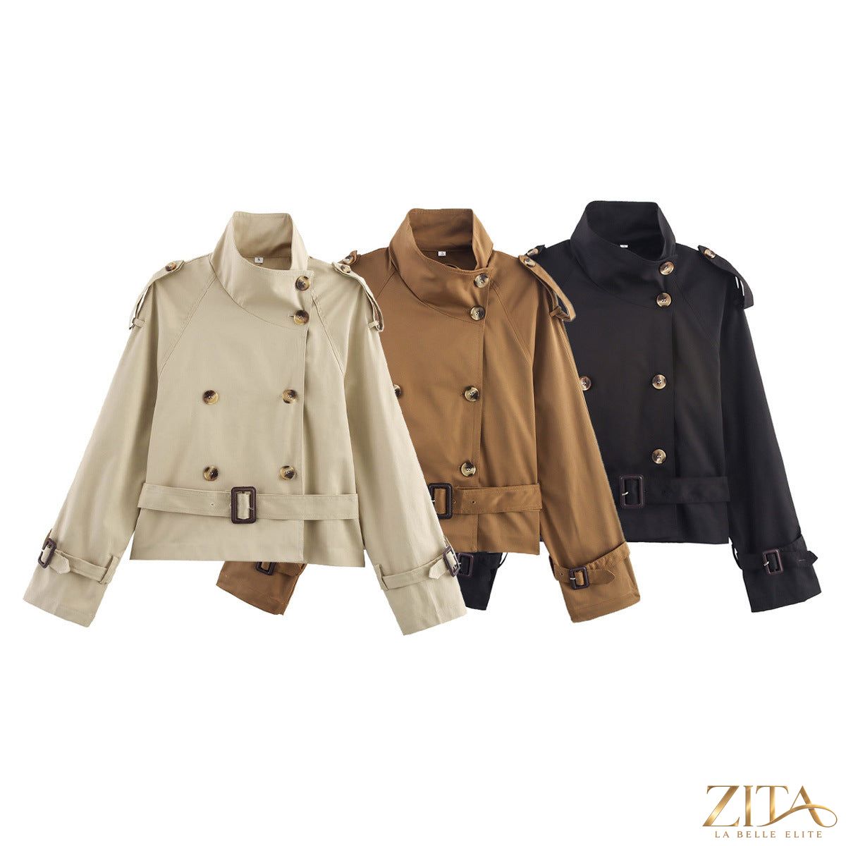 Women's short trench coat with notch collar, belt buckle detail, from Zita La Belle Elite, stylish outerwear for women.