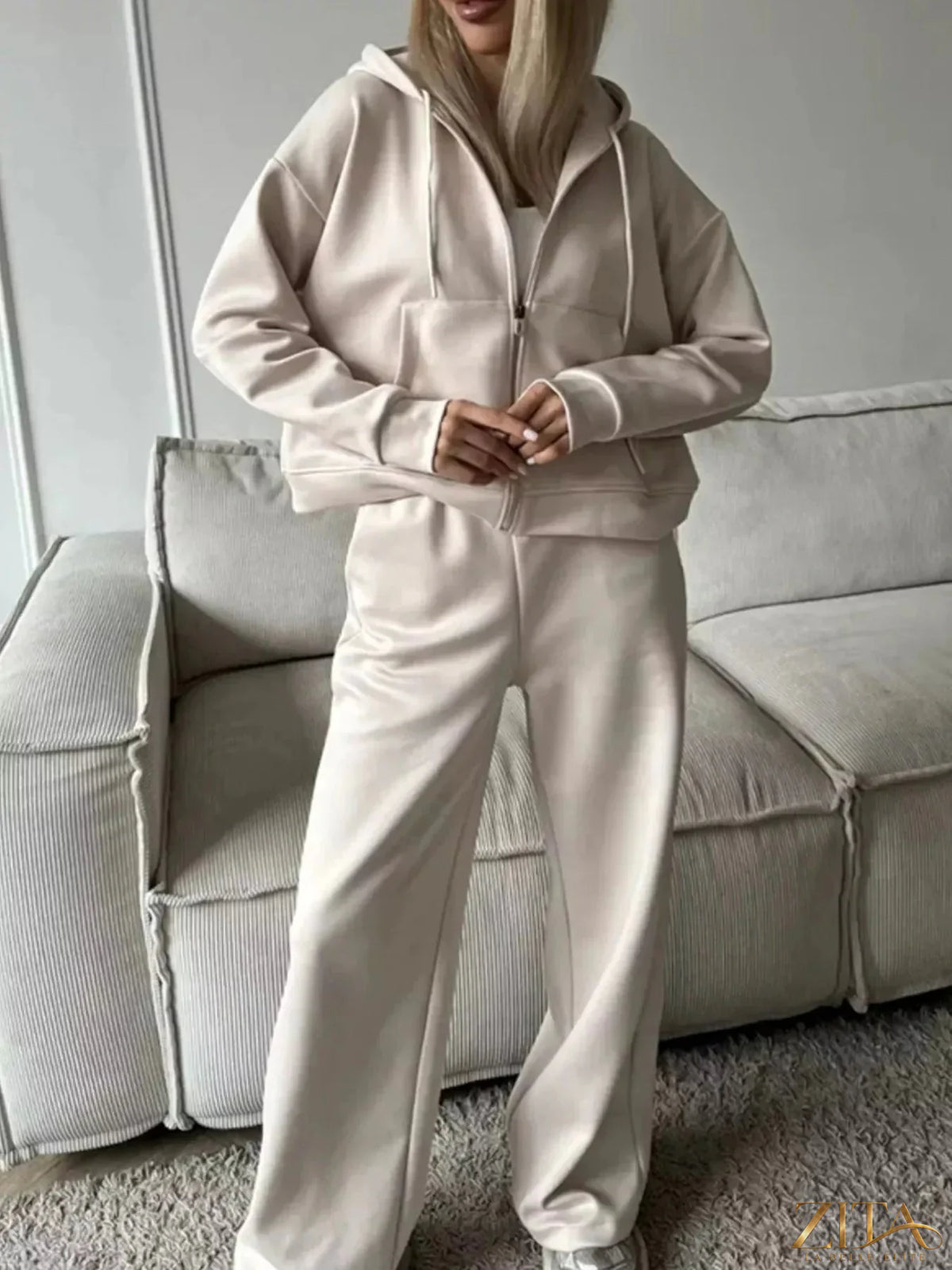 Zita La Belle Elite zip-up hoodie and wide-leg pants set, casual loungewear with a relaxed fit, in neutral fabric.
