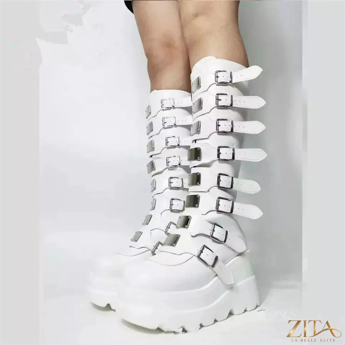 Zita La Belle Elite multi-buckle platform knee-high boots featuring a sleek design and chunky heels, perfect for stylish outfits.