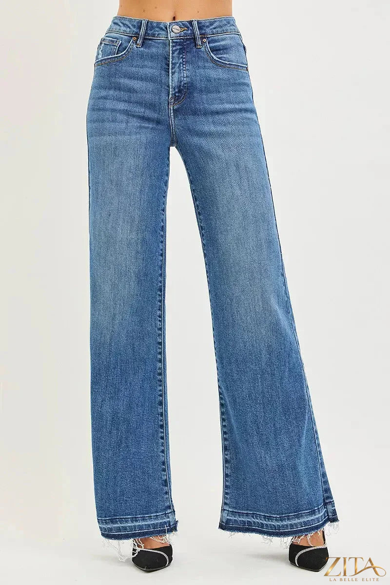 Zita La Belle Elite RISEN high rise wide leg jeans with released hem, showcasing a fitted waist and relaxed leg fit.