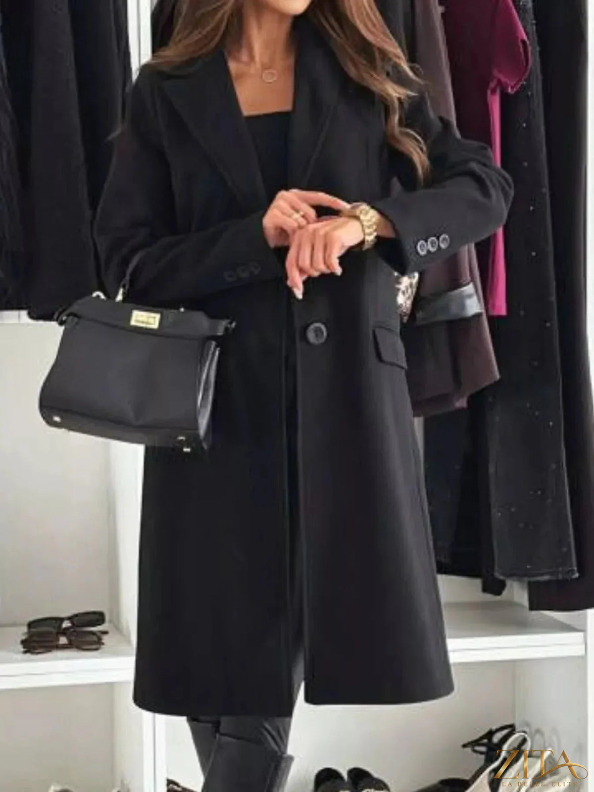 Zita La Belle Elite lapel collar long sleeve coat with tailored fit and classic design, shown in a stylish neutral color.
