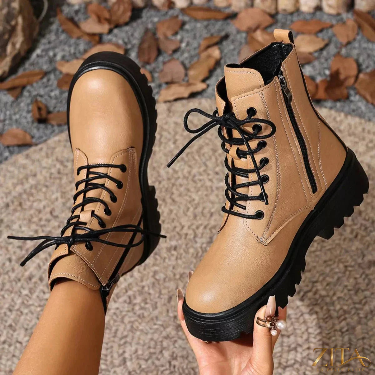 Zita La Belle Elite lace-up ankle combat boots with rugged soles and metal eyelets, stylish for casual or edgy fashion looks.