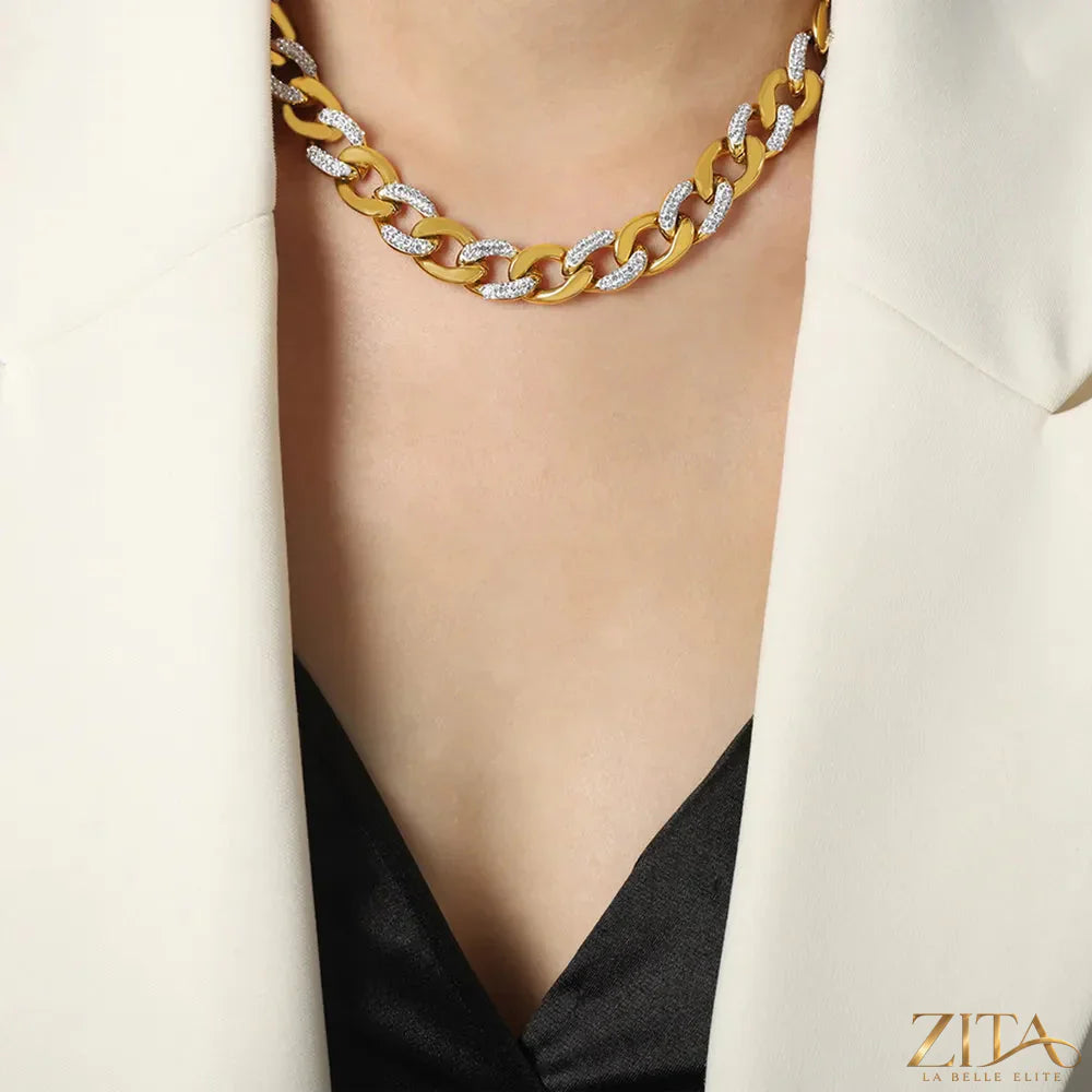 Zircon Titanium Steel Chunky Chain Necklace by Zita La Belle Elite, close-up of the bold, metallic chain design.