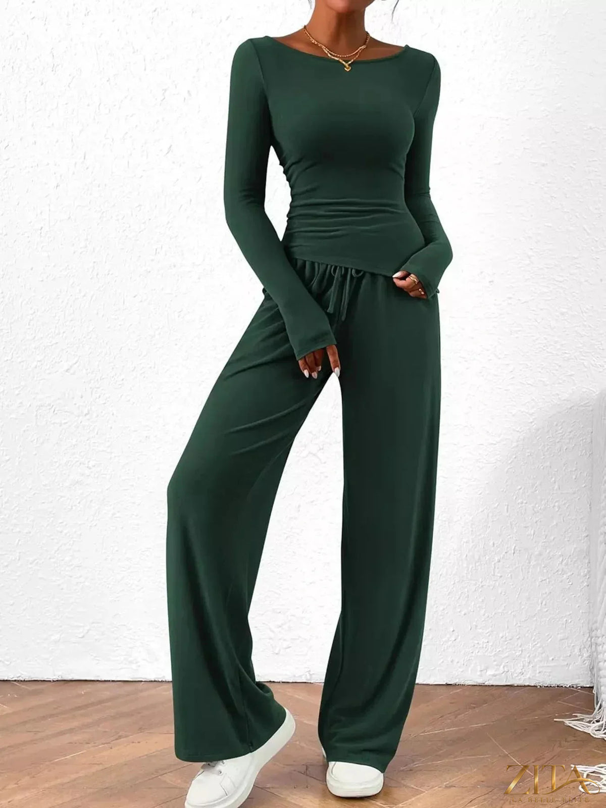 Zita La Belle Elite long sleeve top and wide leg pants set in soft fabric, featuring a stylish, comfortable matching outfit.