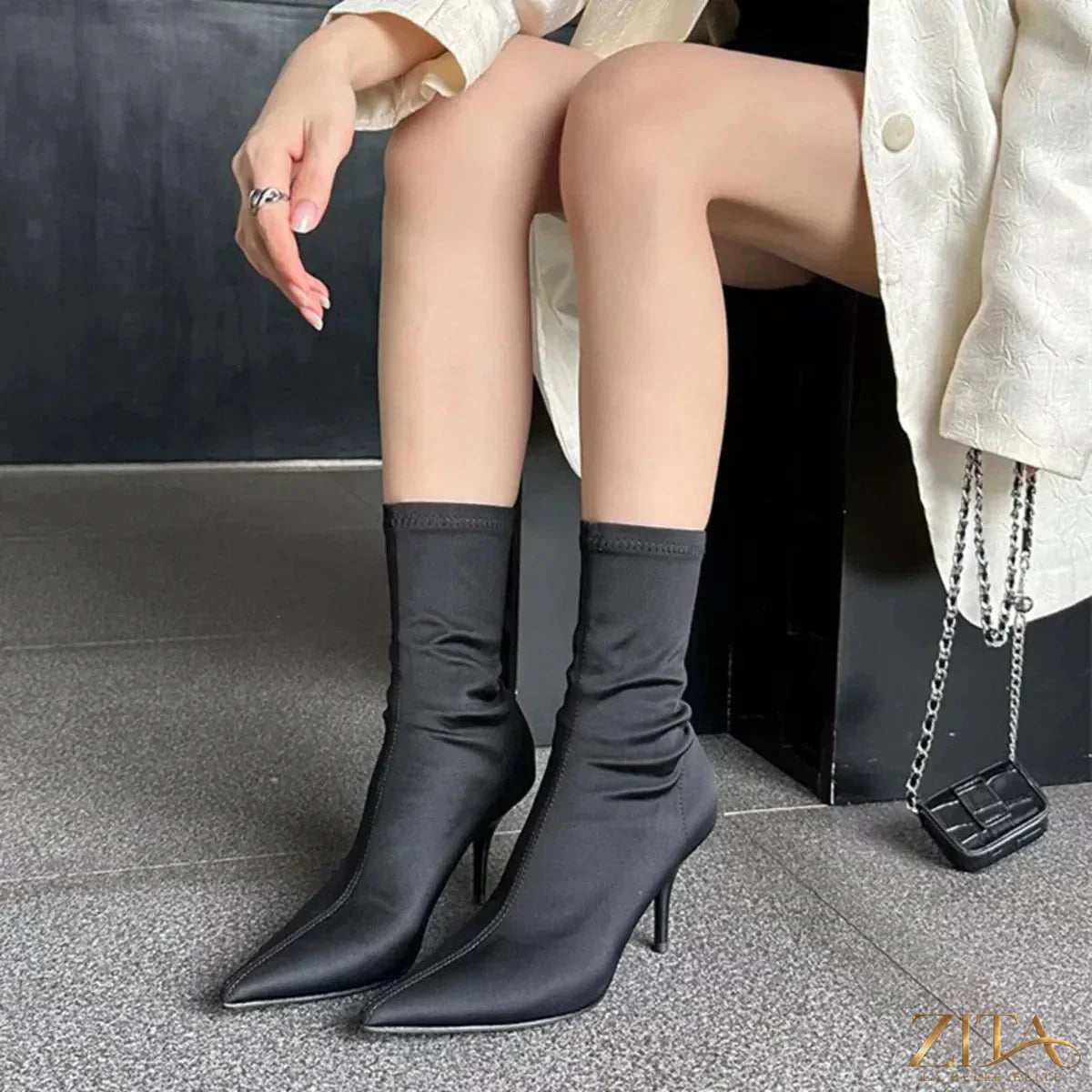 Zita La Belle Elite point toe mid heel boots in black leather, featuring sleek design and stylish ankle height.