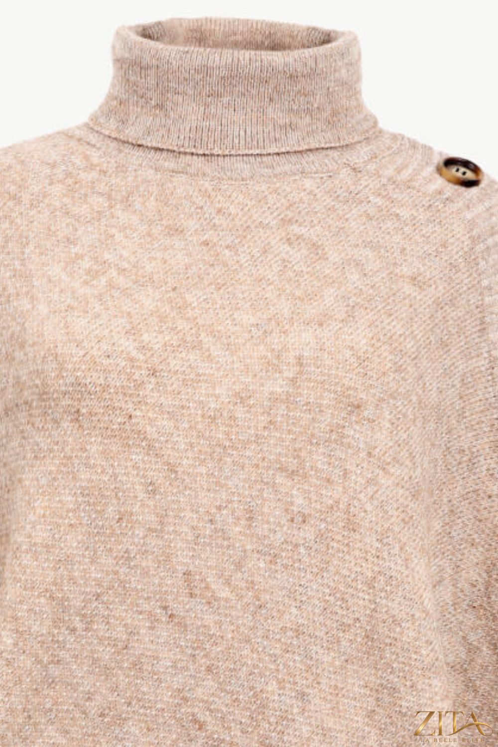 Zita La Belle Elite turtleneck buttoned poncho in warm knit fabric, featuring a high collar and button details.